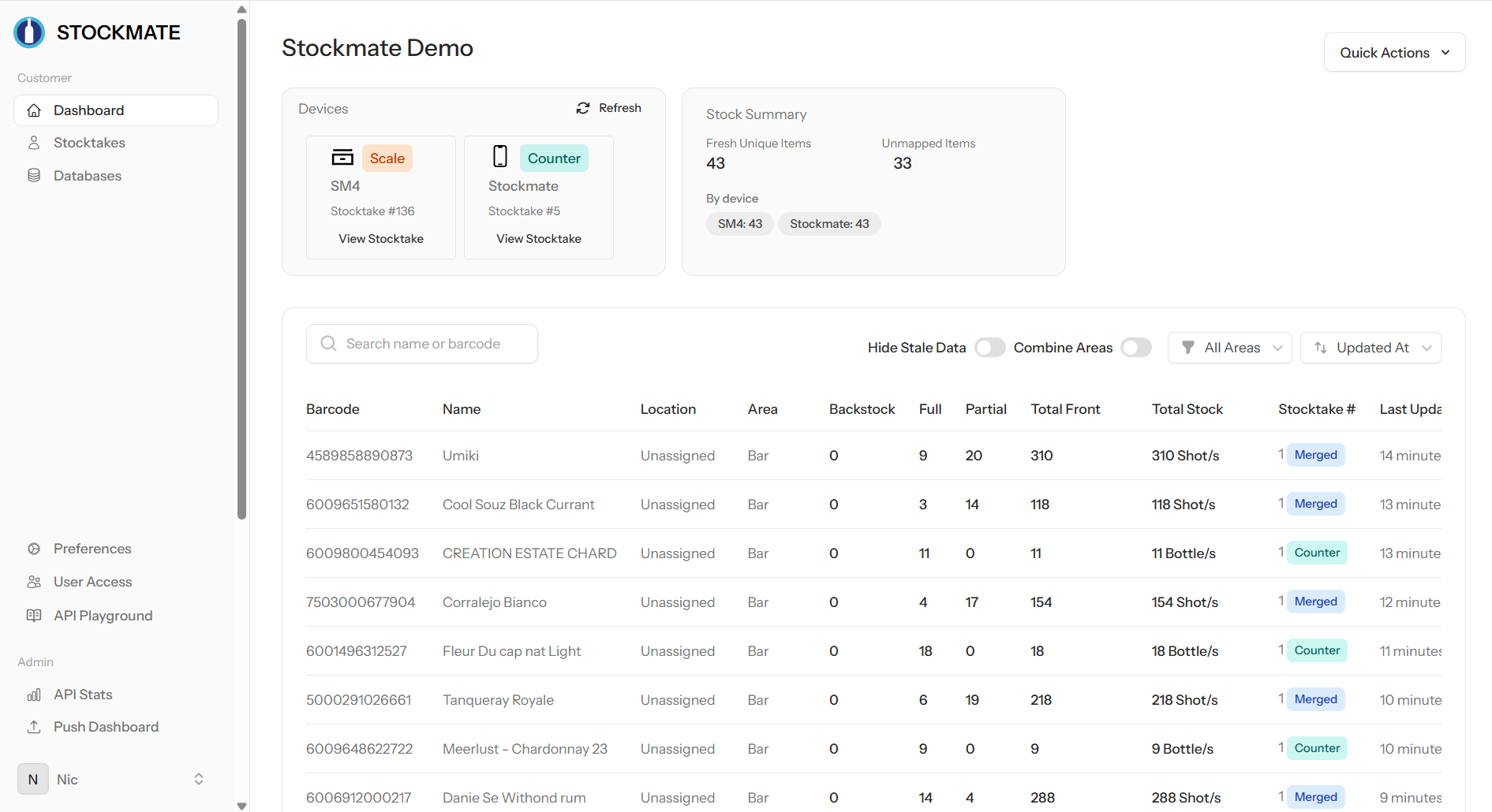 Stockmate cloud reporting dashboard showing latest stock counts and device summaries