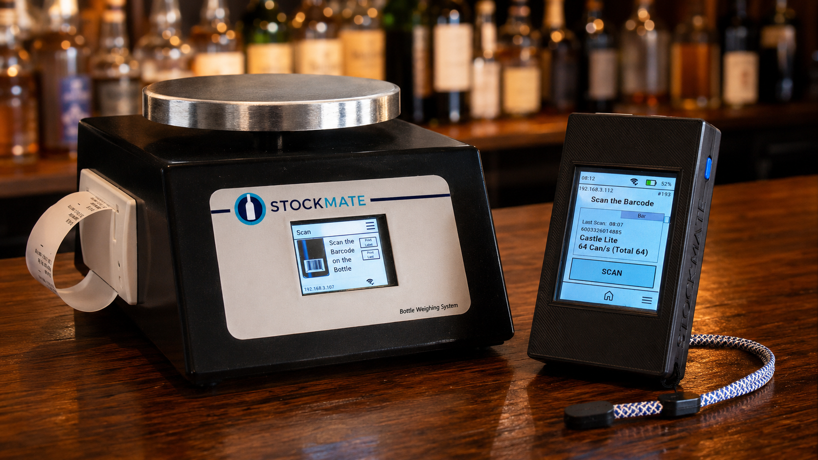 Stockmate scale and handheld counter on a bar counter